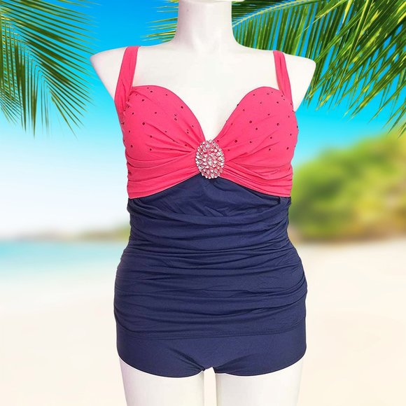 Plus 1Pc Ruched Front Swimsuit Women Size 14 Navy Blue Swimwear with Front Jewel - Picture 1 of 8